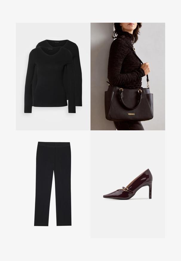 Deux chemises noires à manches longues avec un design en V, fabriquées en tissu doux et extensible, présentant une texture lisse et une silhouette ajustée.; Pantalon noir avec une coupe droite, comportant des poches latérales et un tissu lisse. Détails minimaux, ceinture épurée.; Chaussure à talon aiguille bordeaux en patent avec un embout pointu, une bride de cheville comportant des accents en métal doré, et une finition lisse et brillante. Talon stiletto surélevé.; Sac à main noir avec surface texturée, deux poignées supérieures et bandoulière réglable. Doté de quincaillerie dorée et de poches latérales.