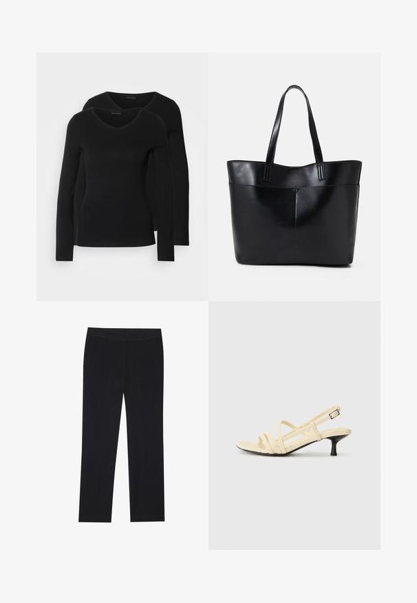 Dwie czarne koszule z długim rękawem o designie w kształcie litery V, wykonane z miękkiego, elastycznego materiału, o gładkiej teksturze i dopasowanym kroju.; Czarne spodnie o prostym kroju nogawki, z bocznymi kieszeniami i gładką strukturą materiału. Minimalistyczne detale, czysty pas. ; Żółte sandały na obcasie z paskiem, z ostrym noskiem, małym czarnym obcasem i regulowanym zapięciem. Gładka tekstura o minimalistycznym wzornictwie bez widocznych wzorów.; Czarna skórzana torba na ramię z dwoma długimi uchwytami, gładką teksturą i sztywną formą. Posiada przednią kieszeń dla dodatkowego przechowywania.