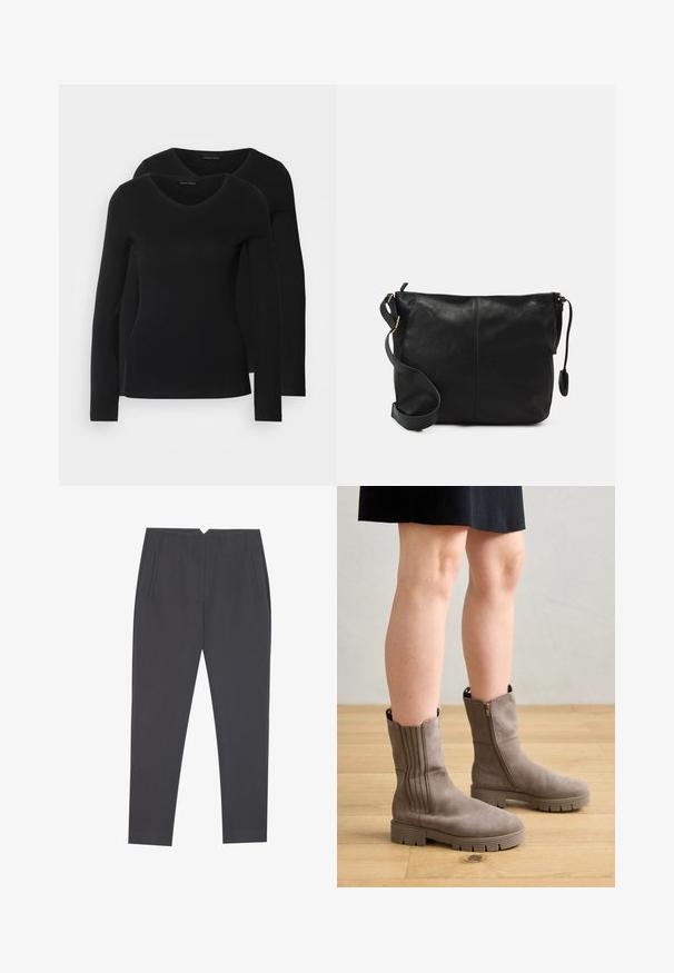 Deux chemises noires à manches longues avec un design en V, fabriquées en tissu doux et extensible, présentant une texture lisse et une silhouette ajustée.; Pantalons taper gris foncé avec poches latérales et plis avant, conçus pour un ajustement sur mesure.; Bottines taupe en suède lisse, avec des détails de couture verticaux, une fermeture éclair sur le côté et une semelle en caoutchouc épaisse.; Sac bandoulière en cuir noir avec une forme plate, accents en métal doré et une sangle ajustable. Texture lisse avec des détails de couture minimaux.