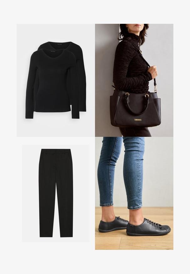 Két fekete, hosszú ujjú póló V nyakkal, puha, rugalmas anyagból, sima textúrával és testhezálló fazonnal.; Fekete nadrág testreszabott kialakítással, oldalsó zsebekkel és egyenes lábbal. Simább, könnyű szövetből készült, elegáns felülettel.; Fekete bőr cipők lekerekített orral, alacsony profilúak és fűzős kialakításúak. Kék, testhezálló farmerral és fa padló háttérrel párosítva.; Fekete kézitáska texturált felülettel, dupla felső fogantyúval és állítható vállpánttal. Arany színű fém kiegészítők és oldalsó zsebek találhatók rajta.
