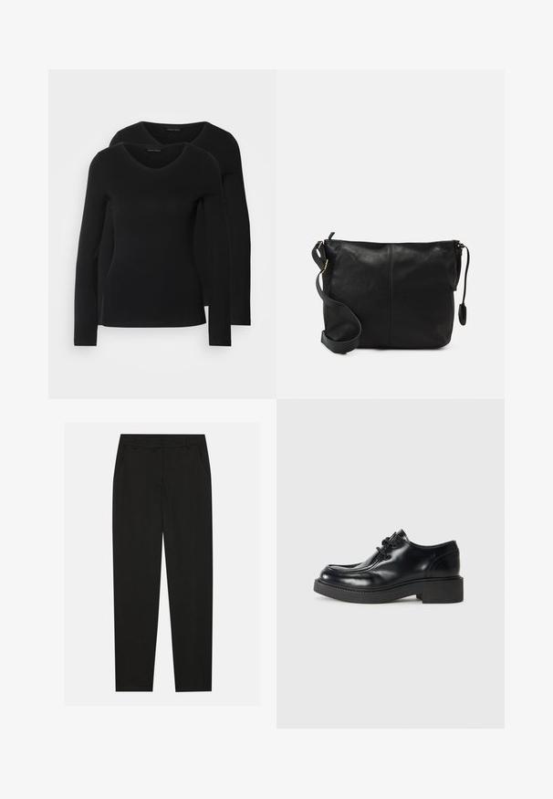 Duas camisetas pretas de manga longa com design em V, feitas de um tecido macio e elástico, apresentando uma textura suave e um formato ajustado.; Calças pretas com um design ajustado, apresentando bolsos laterais e pernas retas. Feitas de um tecido suave e leve com um acabamento elegante.; Sapatilha oxford de couro preto com biqueira arredondada, design de atacadores e sola de borracha preta grossa. Textura suave e detalhes de costura mínimos.; Mala de ombro em couro preto com forma plana, detalhes em metal dourado e alça ajustável. Textura suave com detalhes de costura mínimos.