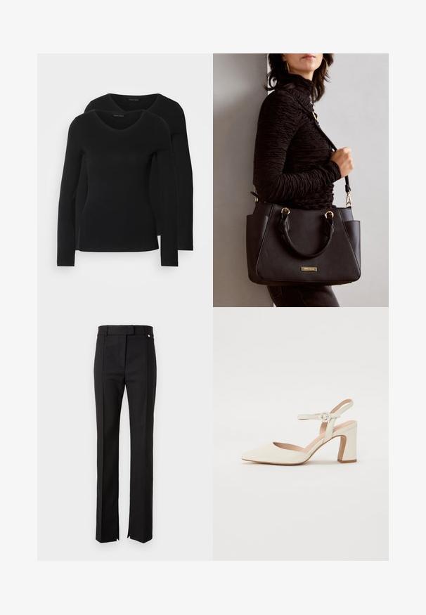 Dve črne majice z dolgimi rokavi in V-izrezom, narejene iz mehkega in raztegljivega materiala, ki prikazuje gladko teksturo in prilegnjeno obliko.; Črne prilagojene hlače s ravno nogo, ki vključujejo pas z zapiranjem na gumb in stranske razpoke na koncu.; Čevlji s koničastim nosom v kremni barvi z blokastim peto. Imajo tanki trak okoli gležnja z okroglo sponko in gladko usnjeno teksturo.; Črna torbica z teksturirano površino, z dvema zgornjima ročajema in nastavljivim ramenskim pasom. Ima zlatovrateče dodatke in stranske žepe.