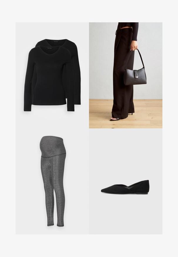 Två svarta långärmade tröjor med V-ringning, tillverkade av mjukt, stretchy tyg, som visar en slät textur och en figursydd form.; Graviditetsleggings i stretchigt, metalliskt svart tyg. Hög midja designad för komfort, smickrande passform genom benen, med en slät textur.; Svart mockaskor med platt sula, spetsig tå och V-formad utskärning på sidorna. Har en slät yta och en låg profil.; Svart handväska med strukturerad form, slät yta och metallspänne. Matchad med vida svarta byxor och sandaler med öppen tå på trägolv.