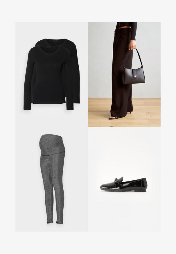 Twee zwarte longsleeve shirts met een V-hals ontwerp, gemaakt van zachte, rekbare stof, die een gladde textuur en een getailleerde vorm laten zien.; Zwangerschapsleggingen van rekbare, metallic zwarte stof. Hoge tailleband ontworpen voor comfort, slanke pasvorm langs de benen, met een zachte textuur.; Zwarte gepatenteerde leren loafer met een vlakke zool, ronde teen en een decoratieve band met een gouden accen. Gladde, glanzende afwerking.; Zwarte handtas met gestructureerde vorm, gladde textuur en een metalen sluiting. Gecombineerd met brede zwarte broeken en sandalen met open teen op een houten vloer.