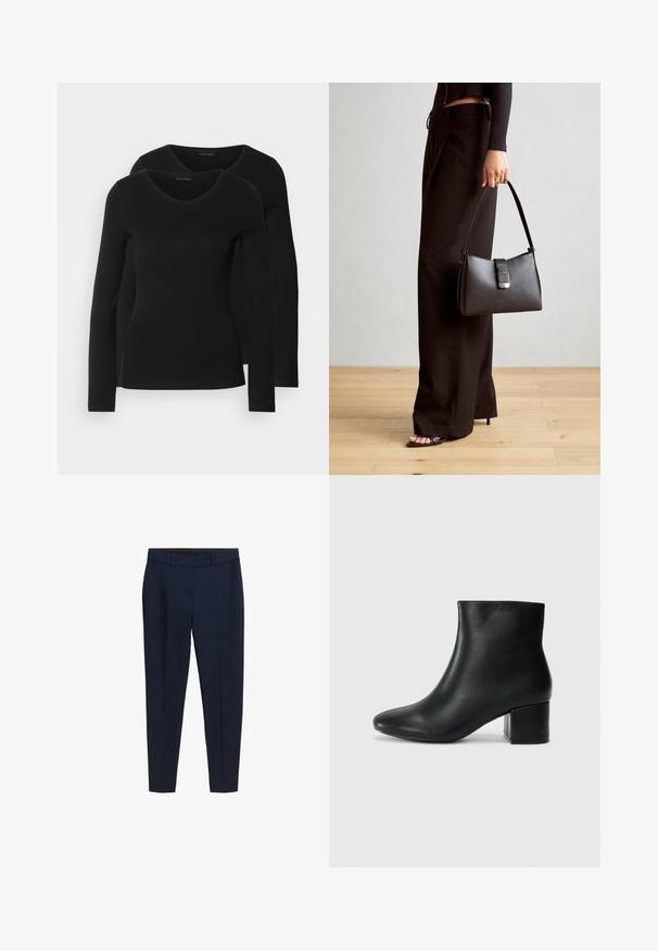 Két fekete, hosszú ujjú póló V nyakkal, puha, rugalmas anyagból, sima textúrával és testhezálló fazonnal.; Tengerészkék, testreszabott nadrág övhurkokkal, oldalsó zsebekkel és elülső hajtással, karcsú fazonnal tervezve.; Fekete bőr bokacsizma hegyes orral és vastag sarokkal. Sima felület minimális díszítéssel és karcsú, passzos kialakítással.; Fekete kézi táska strukturált formával, sima textúrával és fémből készült záródással. Széles fekete nadrággal és nyitott orrú szandállal párosítva, fából készült padlón.