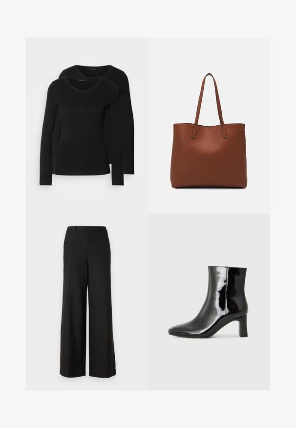 To svarte langermede skjorter med V-halsdesign, laget av mykt, elastisk stoff, viser jevn tekstur og en tettsittende fasong.; Sorte pinstriped vide bukser med en skræddersyet design, der har en glat tekstur og elastisk talje, tilgængelig i en formel stil.; Sorte patentlær ankle boot med spiss tå og en mellomhøy blokkhelt. Glatt tekstur og minimalistisk design.; Brun lær tote veske med en jevn tekstur, åpen toppdesign og to skulderstropper. Har minimal søm og ingen synlige spiker.