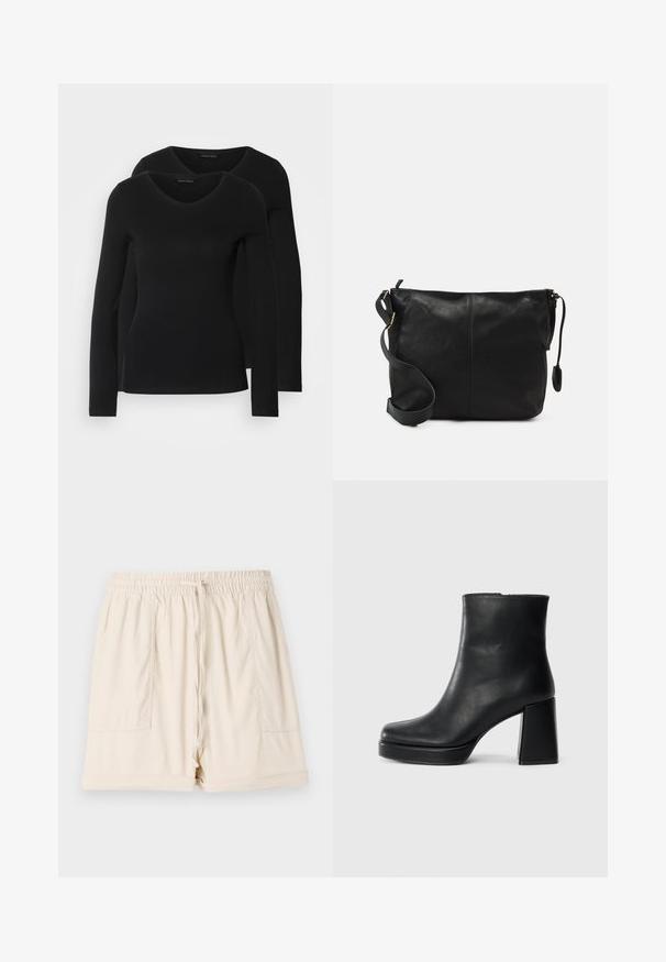 Twee zwarte longsleeve shirts met een V-hals ontwerp, gemaakt van zachte, rekbare stof, die een gladde textuur en een getailleerde vorm laten zien.; Beige katoenen shorts met een elastische tailleband, een trekkoord en twee zijzakken; heeft een relaxte pasvorm en omgeslagen zoom.; Zwarte leren enkelboot met een blokhak en platformzool, zijaanzicht op een effen witte achtergrond.; Zwarte leren schoudertas met een platte vorm, gouden hardware-accenten en een verstelbare schouderband. Gladde textuur met minimale stikdetails.