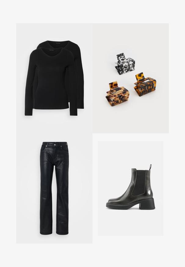 Duas camisetas pretas de manga longa com design em V, feitas de um tecido macio e elástico, apresentando uma textura suave e um formato ajustado.; Calças de pele preta com um design de perna reta, apresentando cinco bolsos, fecho com botão metálico e uma textura lisa e brilhante.; Botas de tornozelo em couro negro com um acabamento liso, painéis laterais elásticos e um salto robusto. Apresentam uma alça na parte de trás para facilitar o calçar.; Três ganchos de cabelo: um em mármore preto e branco, dois em padrão tartaruga nas tonalidades castanha e preta, todos feitos de plástico brilhante com um acabamento texturizado.