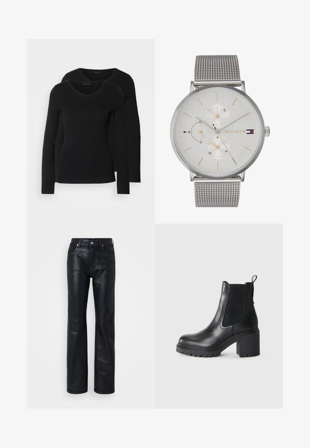 Twee zwarte longsleeve shirts met een V-hals ontwerp, gemaakt van zachte, rekbare stof, die een gladde textuur en een getailleerde vorm laten zien.; Zwarte leren broeken met een recht ontwerp, voorzien van vijf zakken, metalen knoopsluiting en een gladde, glanzende textuur.; Zwarte leren enkellaars met een chunky hak, elastische zijpanelen en een treklipje aan de achterkant. Getextureerde zool voor extra grip.; Zilveren horloge met een textuur witte wijzerplaat, drie subdials en gouden accenten. Heeft een metalen mesh band en een minimalistisch ontwerp.