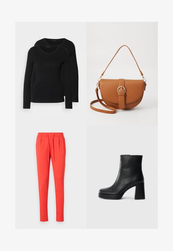 To svarte langermede skjorter med V-halsdesign, laget av mykt, elastisk stoff, viser jevn tekstur og en tettsittende fasong.; Røde joggebukser laget av mykt materiale med elastisk midjebånd og justerbar snor. Har en smalere bendesign.; Sorte skinnankelsko med blokkhæl og plattformsåle, sett fra siden på en enkel hvit bakgrunn.; Brun lærcrossbody-veske med en buet form, gullhardware og et spenneakcent. Har en avtakbar skulderreim.