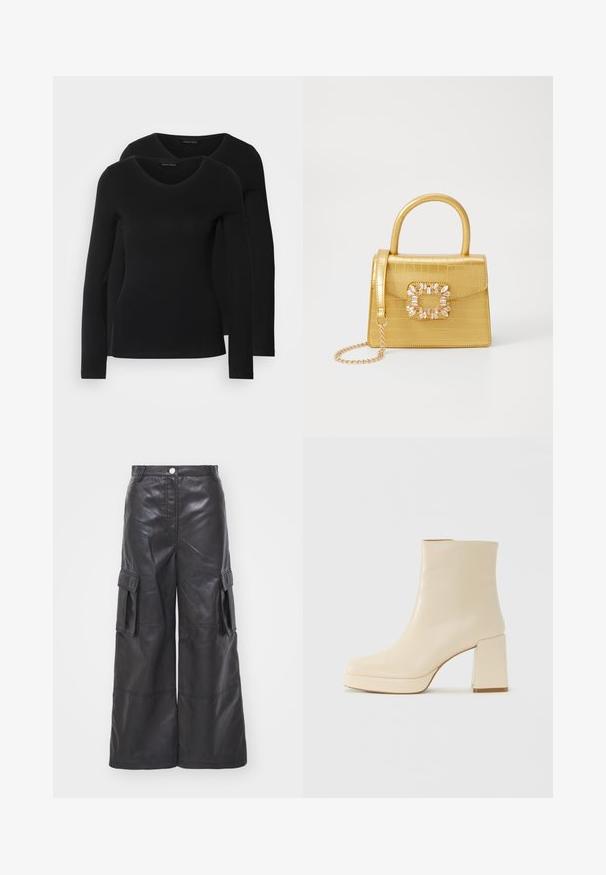 Două cămăși negre cu mâneci lungi și decolteu în V, fabricate dintr-un material moale și elastic, cu o textură netedă și o formă ajustată.; Pantaloni cargo din piele neagră cu un design cu picioare largi, având două buzunare laterale și cusături detaliate. Materialul are o textură netedă și lucioasă.; Cizmă de gleznă din piele bej, cu toc pătrat și talpă platformă, cu un finisaj neted și vârf ușor pătrat, orientată spre stânga pe fundal alb.; Geantă galbenă din faux-crocodil cu un design structurat, mână superioară, curea detașabilă cu lanț și embellisment decorativ cu cristale pe închidere.