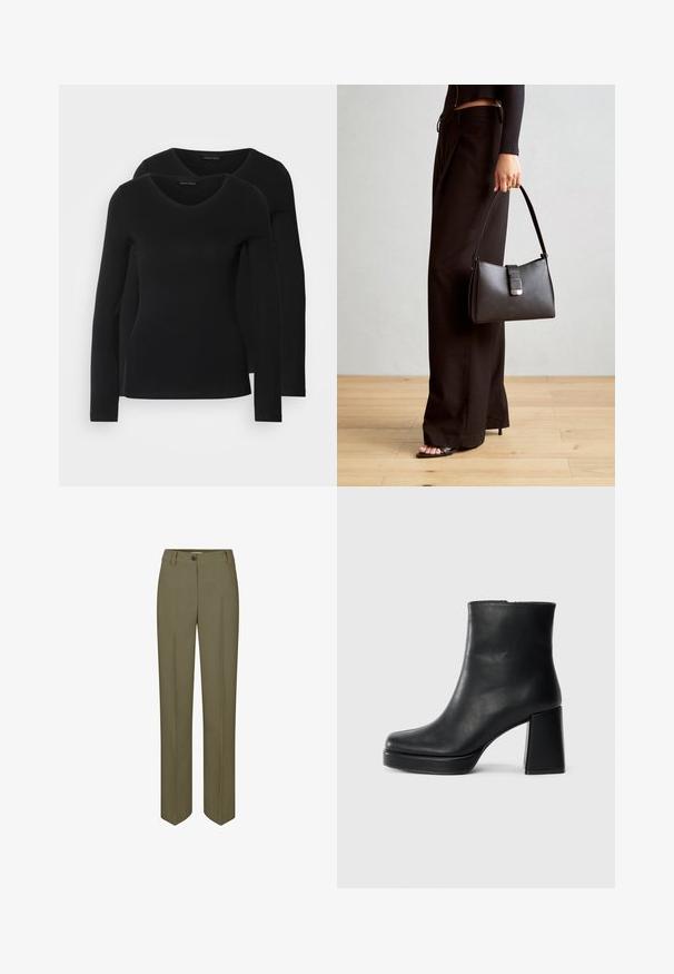 Két fekete, hosszú ujjú póló V nyakkal, puha, rugalmas anyagból, sima textúrával és testhezálló fazonnal.; Olívazöld, sima, szőtt textúrájú, egyenes szabású nadrág, egy gombbal záródik, és két elülső pliszéval rendelkezik.; Fekete bőr bokacsizma tömbsarkal és platform talppal, oldalról nézve, sima fehér háttéren.; Fekete kézi táska strukturált formával, sima textúrával és fémből készült záródással. Széles fekete nadrággal és nyitott orrú szandállal párosítva, fából készült padlón.