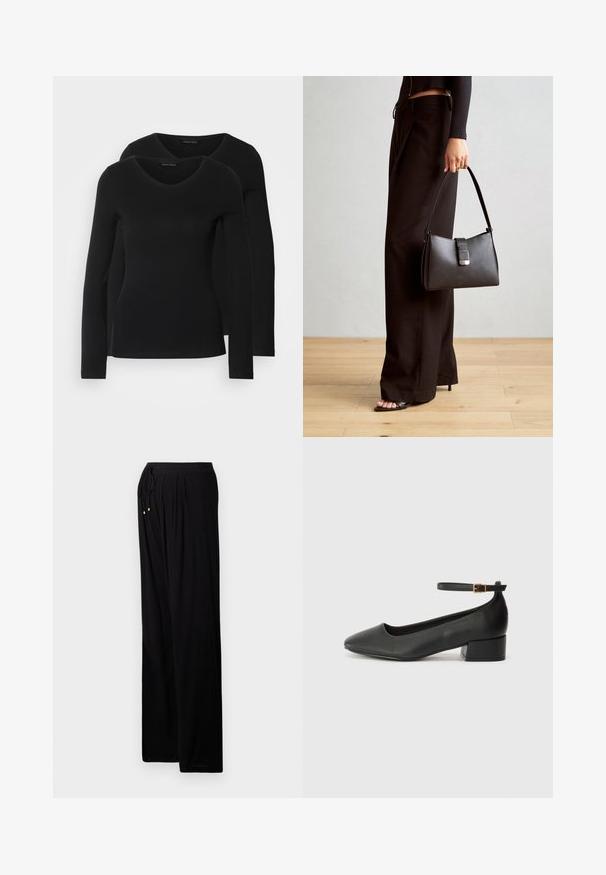 Du į juodas ilgomis rankovėmis marškiniai su V formos iškirpte, pagaminti iš minkštos, tamprios medžiagos, rodantys lygią tekstūrą ir prigludusią formą.; Juodos lengvos kelnės su laisvu siluetu. Yra raištelių diržas, klostės ir auksiniai akcentai raištelių galo.; Juodas odinis aukštakulnis batelis su smailiu pirštu ir žemu bloku. Su kulkšnies dirželiu su auksinės spalvos sagtimi. Lygus paviršius.; Juodas rankinė struktūrizuota forma, lygi tekstūra ir metalinis užsegimas. Suporuota su plačiomis juodomis kelnėmis ir atvirais bateliais ant medinių grindų.