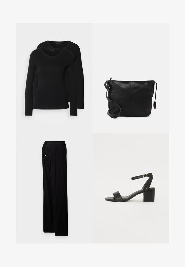 Two black long-sleeve shirts with a V-neck design, made of soft, stretchy fabric, showing smooth texture and a fitted shape.; Black lightweight pants with a relaxed fit. Features a drawstring waistband, pleats, and gold accents at the ends of the drawstring.; Black heeled sandal featuring a smooth leather upper, an open toe, wide front straps, and adjustable ankle strap with a gold buckle detail.; Black leather crossbody bag with a flat shape, gold hardware accents, and an adjustable strap. Smooth texture with minimal stitching details.