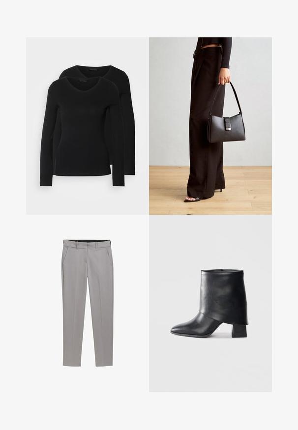 Due camicie a maniche lunghe nere con design a V, realizzate in tessuto morbido e elasticizzato, che mostrano una superficie liscia e una forma aderente.; TOM TAILOR MIA SLIM - Chino - explicit grey; Stivale in pelle nera alla caviglia con punta affusolata, texture liscia e tacco a blocco strutturato. Presenta un design con risvolto alto.; Borsa nera con forma strutturata, texture liscia e una chiusura metallica. Abbinata a pantaloni neri larghi e sandali open-toe su un pavimento in legno.