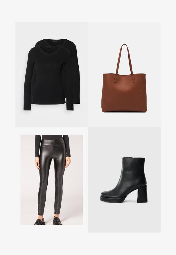 Twee zwarte longsleeve shirts met een V-hals ontwerp, gemaakt van zachte, rekbare stof, die een gladde textuur en een getailleerde vorm laten zien.; Zwarte neplederen high-waisted leggings met een gladde textuur en een aansluitend ontwerp, met een slanke silhouette en minimale details.; Zwarte leren enkelboot met een blokhak en platformzool, zijaanzicht op een effen witte achtergrond.; Bruine leren tote bag met een gladde textuur, een ontwerp met een open bovenkant en twee schouderbanden. Kenmerkt zich door minimale stiksels en geen zichtbare hardware.