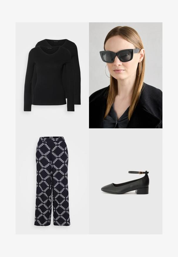 Two black long-sleeve shirts with a V-neck design, made of soft, stretchy fabric, showing smooth texture and a fitted shape.; Vero Moda Petite VMBRINA PANTS - Trousers - black; Black leather pump with a pointed toe and a low block heel. Features an ankle strap with a gold-tone buckle. Smooth texture.; Black cat-eye sunglasses with dark lenses, thick frames, and subtle accents. Worn with a black coat and gray top, featuring long straight hair.