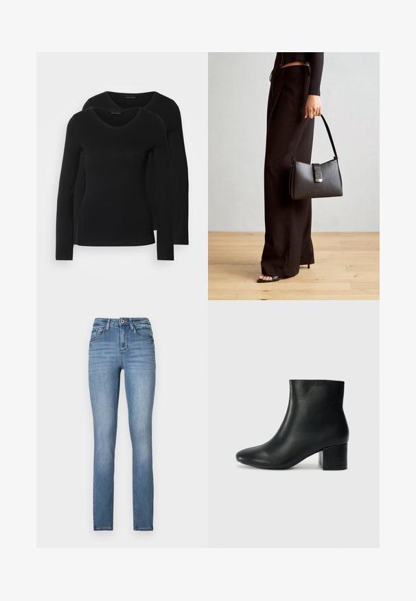 Dva crna majice dugih rukava s V-izrezom, izrađene od mekanog, rastezljivog materijala, s glatkom teksturom i prilagođenim oblikom.; Svijetloplavi traper skinny traperice s visokim strukom, pet džepova, suptilnim izblijedjenjem i kontrastnim detaljima šavova.; Crne kožne čizme do članaka s uskim vrhom i debelim potplatom. Glatka tekstura s minimalnim detaljima i elegantan, prilagođen dizajn.; Crna torba s oblikom koji sadrži strukturu, glađu teksturu i metalnu kopču. Uparena s širokim crnim hlačama i sandalama na otvorenom s drvenog poda.