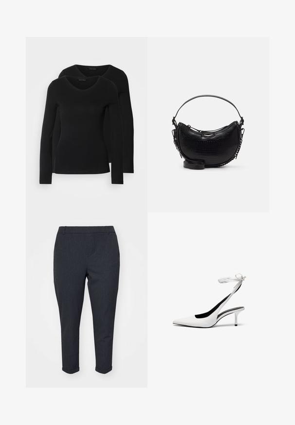 Két fekete, hosszú ujjú póló V nyakkal, puha, rugalmas anyagból, sima textúrával és testhezálló fazonnal.; Sötétszürke, szűkített fazonú nadrág, sima textúrával, fodros szegéllyel és oldalsó zsebekkel. Klasszikus, szabott megjelenés.; Fehér, hegyes orrú, hátsó pánttal ellátott magassarkú cipők vékony boka pánttal. Finom bőrből készült, vékony tűsarkú, és fekete belső béléssel rendelkezik.; Fekete krokodilbőr hatású kézitáska ívelt formával, levehető vállpánttal és egy elegáns fém díszítéssel az elején.