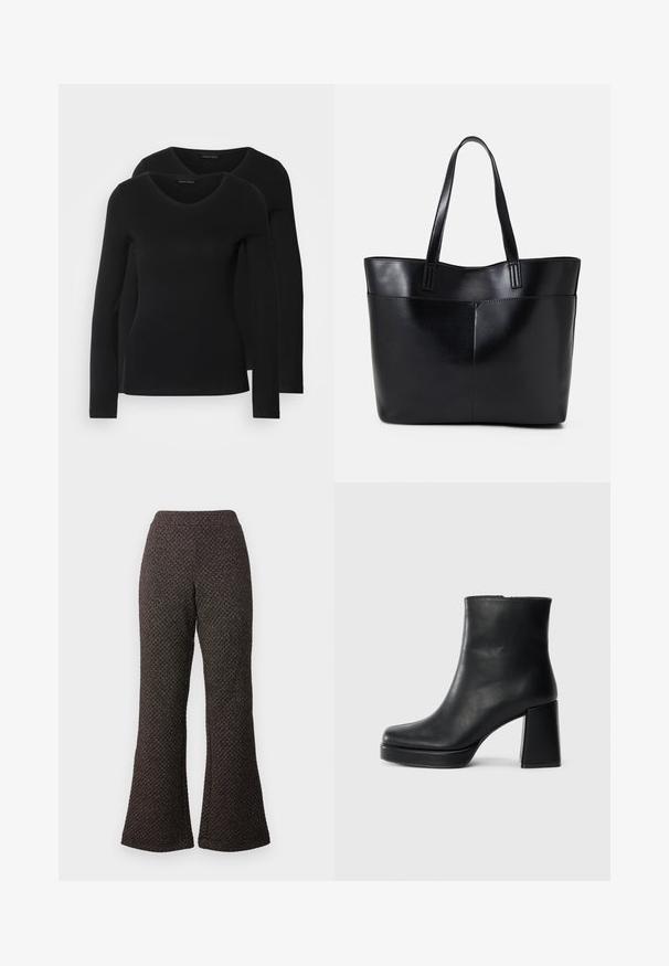 To svarte langermede skjorter med V-halsdesign, laget av mykt, elastisk stoff, viser jevn tekstur og en tettsittende fasong.; Flared svarte bukser laget av teksturert stoff med et mønstret vev, med høyt liv og vide ben.; Sorte skinnankelsko med blokkhæl og plattformsåle, sett fra siden på en enkel hvit bakgrunn.; Svart lær toteveske med to lange håndtak, en glatt tekstur og en strukturert form. Har en frontlomme for ekstra oppbevaring.