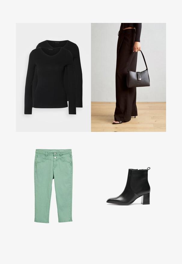 Două cămăși negre cu mâneci lungi și decolteu în V, fabricate dintr-un material moale și elastic, cu o textură netedă și o formă ajustată.; Pantaloni scurți de culoare verde deschis, confecționați din bumbac, cu o textură netedă. Prezentând buzunare frontale, închidere cu nasture și fermoar, și accente la tiv.; Bocanc negru din piele până la gleznă, cu vârful rotunjit, toc bloc de înălțime medie și o bucată de prindere în spate. Textură netedă, design minimalist.; Genți negre cu o formă structurată, textură netedă și un închizător metalic. Asortată cu pantaloni negri largi și sandale cu vârf deschis pe un podea din lemn.