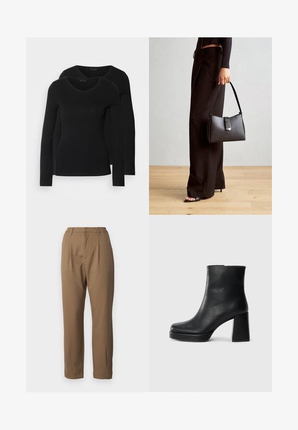 Dve črne majice z dolgimi rokavi in V-izrezom, narejene iz mehkega in raztegljivega materiala, ki prikazuje gladko teksturo in prilegnjeno obliko.; Rjave hlače iz gladkega materiala, s prilagojenim krojem, z gubami spredaj in ravnimi nogami, z stranskimi žepi.; Črne usnjene gležnjarje z blok peto in platformo, prikazane s strani na enobarvni beli podlagi.; Črna torbica z strukturirano obliko, gladko teksturo in kovinskim zaponko. Ujemajo se z širokimi črnimi hlačami in odprtimi sandali na lesenem tleh.
