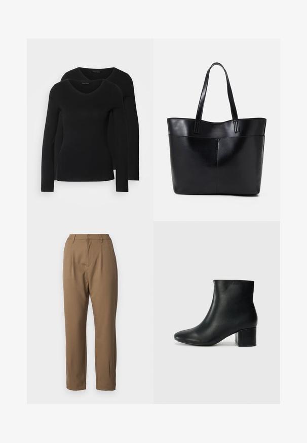 Twee zwarte longsleeve shirts met een V-hals ontwerp, gemaakt van zachte, rekbare stof, die een gladde textuur en een getailleerde vorm laten zien.; Bruine broek van gladde stof, met een getailleerde pasvorm, plooien aan de voorkant en rechte broekspijpen, voorzien van zijzakken.; Zwarte leren enkellaarzen met een spitse neus en een chunky hak. Gladde textuur met minimale accenten en een slank, strakk ontwerp.; Zwarte leren tote bag met twee lange handvatten, een zachte textuur en een gestructureerde vorm. Voorzien van een voorvak voor extra opslagruimte.