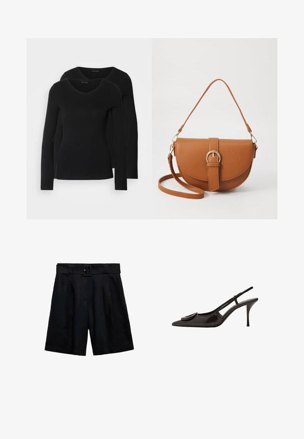 Dva crna majice dugih rukava s V-izrezom, izrađene od mekanog, rastezljivog materijala, s glatkom teksturom i prilagođenim oblikom.; Crne lanene kratke hlače širokog kroja s pojasom, nabranim detaljima i dva bočna džepa. Glatka tekstura s jednoličnom bojom.; Crne lakirane slingback cipele s oštrim vrhom, minimalističkim dizajnom, malim okruglim akcentom na prednjem dijelu i uskim potpeticama.; Smeđa kožna torba preko tijela s zakrivljenim oblikom, zlatnim metalnim detaljima i naglaskom na kopču. Ima odvojivu naramenicu.