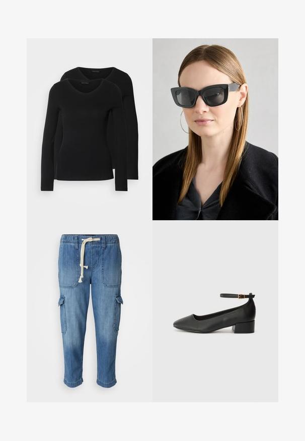 Dve črne majice z dolgimi rokavi in V-izrezom, narejene iz mehkega in raztegljivega materiala, ki prikazuje gladko teksturo in prilegnjeno obliko.; Modre denim cargo hlače z elastičnim pasom, stranskimi žepi in zavihanimi manšetami, ki se ponašajo z mehkobo in teksturiranim zaključkom.; Črne usnjene pumpice z nazobčanimi prsti in nizko blokasto peto. Imajo trak okoli gležnja z zaponko v zlatem tonu. Gladka tekstura.; Črne mačje očala s temnimi lečami, debelimi okvirji in subtilnimi detajli. Oblečena z črnim plaščem in sivim zgornjim delom, z dolgimi ravnimi lasmi.
