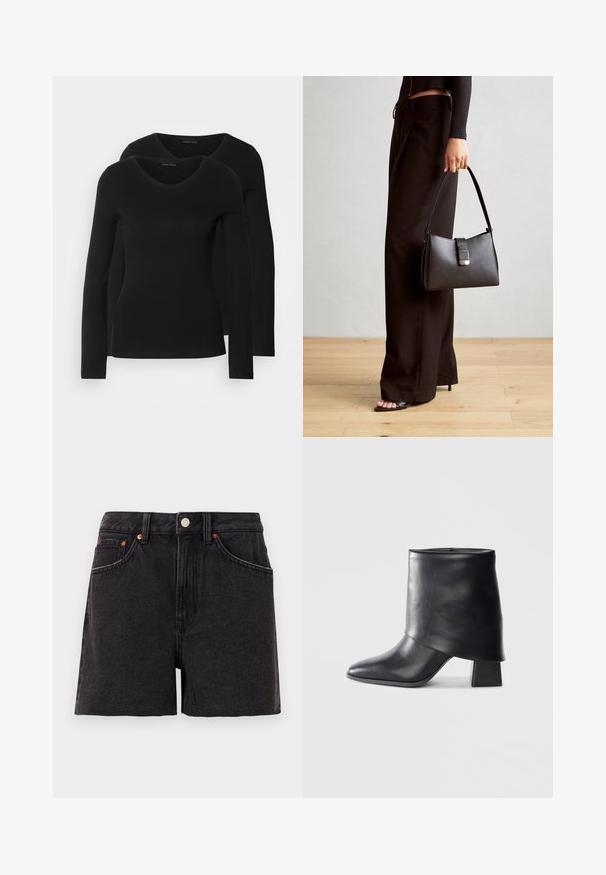 Dos camisetas negras de manga larga con diseño de escote en V, confeccionadas en una tela suave y elástica, que muestran una textura lisa y una forma ajustada.; Bermudas de mezclilla negras con cintura alta, bolsillos frontales, remaches de cobre y cierre de botón. Presentan una textura suave y un diseño de pierna recta.; Bota de cuero negro hasta el tobillo con punta afilada, textura suave y un tacón bloque estructurado. Presenta un diseño de puño alto y doblado.; Bolso negro con forma estructurada, textura suave y un cierre metálico. Combinado con pantalones anchos negros y sandalias de dedo en un suelo de madera.
