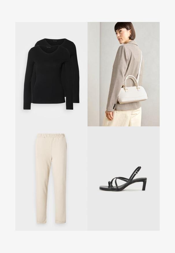 Două cămăși negre cu mâneci lungi și decolteu în V, fabricate dintr-un material moale și elastic, cu o textură netedă și o formă ajustată.; Pantaloni din bumbac bej, cu talie strânsă, design cu picioare drepte și fără modele vizibile, având o textură fină și o tivire simplă.; Sandal cu barete negre, cu vârf pătrat și toc mic de bloc. Prezintă mai multe barete subțiri și o bareta ajustabilă la gleznă. Fabricat din piele netedă.; Geantă structurată albă, cu mânere scurte și curea de umăr, având accente din metal aurit și material texturat, expusă pe un fundal gri.