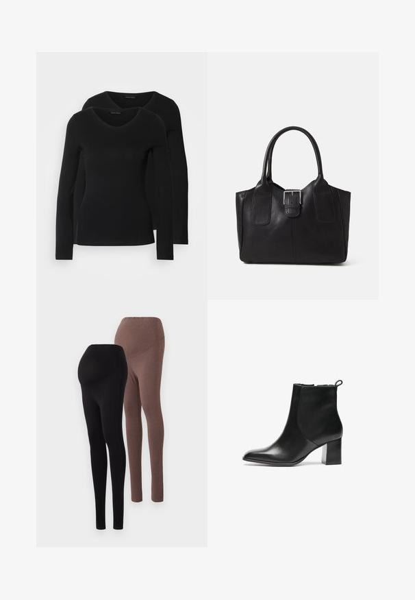 To svarte langermede skjorter med V-halsdesign, laget av mykt, elastisk stoff, viser jevn tekstur og en tettsittende fasong.; To par med tights: en svart og en brun. Begge har et glatt, elastisk stoff og en høy midje for komfort.; Svarte skinn ankelstøvler med rund tå, middels høy blokkhæl og en trekkflik bak. Glatt tekstur, minimalistisk design.; Svart skinn toteveske med jevn tekstur, strukturert form, to håndtak og en fremtredende sølvspenne foran.
