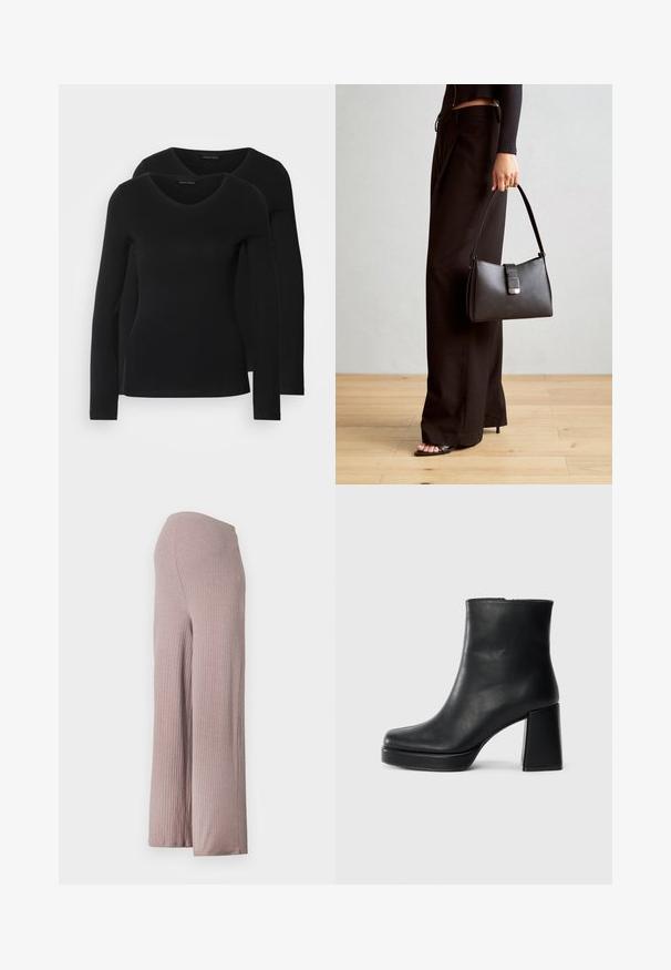 Due camicie a maniche lunghe nere con design a V, realizzate in tessuto morbido e elasticizzato, che mostrano una superficie liscia e una forma aderente.; Pantaloni larghi a coste di un rosa chiaro, con una cintura senza cuciture, realizzati in un tessuto morbido e testurizzato e con una silhouette rilassata.; Stivale alla caviglia in pelle nera con tacco a blocco e suola platform, visto di lato su uno sfondo bianco uniforme.; Borsa nera con forma strutturata, texture liscia e una chiusura metallica. Abbinata a pantaloni neri larghi e sandali open-toe su un pavimento in legno.