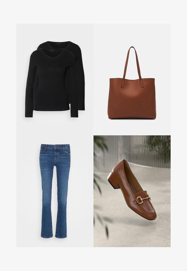 Dva crna majice dugih rukava s V-izrezom, izrađene od mekanog, rastezljivog materijala, s glatkom teksturom i prilagođenim oblikom.; Plave traperice s ravnim nogavicama, koje imaju svijetlo izblijeđene dijelove, raspored s pet džepova i zatvaranje na metalnu gumb na struku.; Smeđi lakirani loafer s kvadratnim vrhom, metalnim lancem kao naglaskom i niskom blok petom; glatka tekstura, minimalistički dizajn.; Smeđa kožna torba preko ramena s glatkom teksturom, otvorenim vrhom i dvjema naramenicama. Ima minimalne šavove i nema vidljivog hardvera.