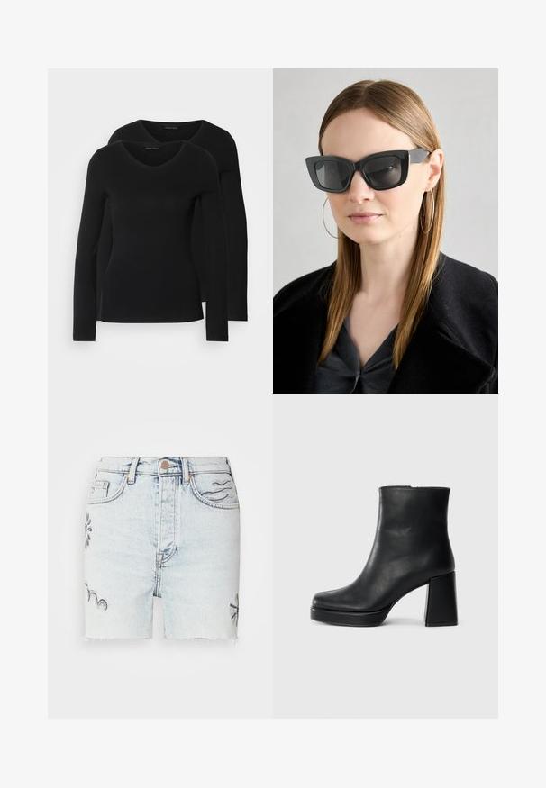 Two black long-sleeve shirts with a V-neck design, made of soft, stretchy fabric, showing smooth texture and a fitted shape.; Light wash denim shorts feature frayed hem, embroidered floral designs in blue, and traditional five-pocket styling with metal button closure.; Black leather ankle boot with a block heel and platform sole, viewed from the side on a plain white background.; Black cat-eye sunglasses with dark lenses, thick frames, and subtle accents. Worn with a black coat and gray top, featuring long straight hair.