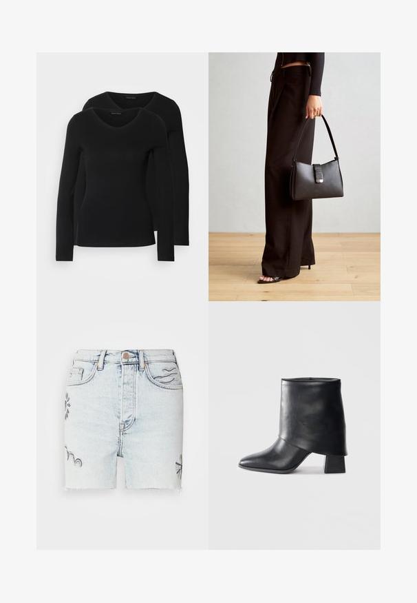 Du į juodas ilgomis rankovėmis marškiniai su V formos iškirpte, pagaminti iš minkštos, tamprios medžiagos, rodantys lygią tekstūrą ir prigludusią formą.; Šviesiai mėlynos džinsinės šortai turi nusidėvėjusią apatinę dalį, mėlynais siuviniais papuoštus gėlių raštus, taip pat tradicinį penkių kišenių stilių su metaliniu mygtuko uždarymu.; Juodos odinės kulkšnės botai su smailiu pirštu, lygiu paviršiumi ir standžiu blokiniu kulnu. Ypatybė - aukštas, sulankstytas užkulnis.; Juodas rankinė struktūrizuota forma, lygi tekstūra ir metalinis užsegimas. Suporuota su plačiomis juodomis kelnėmis ir atvirais bateliais ant medinių grindų.