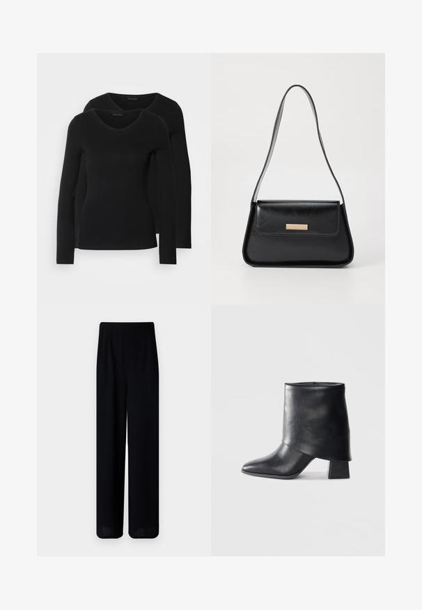 Two black long-sleeve shirts with a V-neck design, made of soft, stretchy fabric, showing smooth texture and a fitted shape.; Vero Moda Petite VMLIVA SUPER WIDE PANTS - Trousers - black; Black leather ankle boot with a pointed toe, smooth texture, and a structured block heel. Features a high, folded cuff design.; Black leather handbag with a structured triangular shape, slim strap, and gold-tone hardware featuring a logo plaque on the front flap.