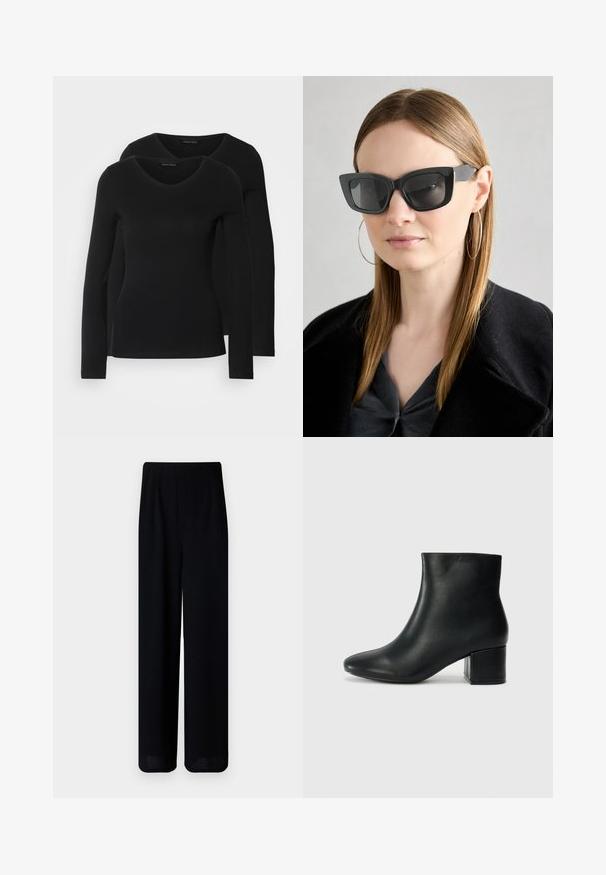 Two black long-sleeve shirts with a V-neck design, made of soft, stretchy fabric, showing smooth texture and a fitted shape.; Vero Moda Petite VMLIVA SUPER WIDE PANTS - Trousers - black; Black leather ankle boots with a pointed toe and a chunky heel. Smooth texture with minimal accents and a sleek, fitted design.; Black cat-eye sunglasses with dark lenses, thick frames, and subtle accents. Worn with a black coat and gray top, featuring long straight hair.