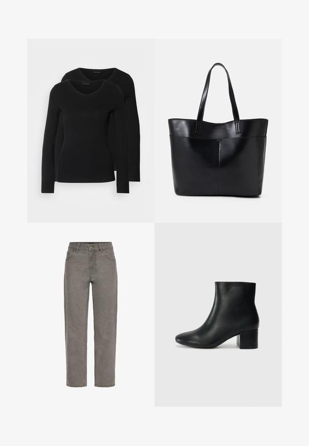Două cămăși negre cu mâneci lungi și decolteu în V, fabricate dintr-un material moale și elastic, cu o textură netedă și o formă ajustată.; Pantaloni din denim gri cu un design drept, având închidere cu buton, bucle pentru curea și două buzunare frontale. Textură netedă pe întreaga suprafață.; Cizme negre din piele până la gleznă, cu vârf ascuțit și toc robust. Textură netedă, cu accente minime și un design elegant, ajustat.; Geantă oversized din piele neagră, cu două mânere lungi, de textură netedă și formă structurată. Are un buzunar frontal pentru stocare suplimentară.