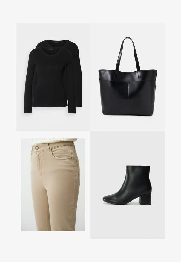 Twee zwarte longsleeve shirts met een V-hals ontwerp, gemaakt van zachte, rekbare stof, die een gladde textuur en een getailleerde vorm laten zien.; Beige denim jeans met een slim fit, voorzien van voorzakken, een metalen knoopsluiting en minimale stikdetails voor een gladde afwerking.; Zwarte leren enkellaarzen met een spitse neus en een chunky hak. Gladde textuur met minimale accenten en een slank, strakk ontwerp.; Zwarte leren tote bag met twee lange handvatten, een zachte textuur en een gestructureerde vorm. Voorzien van een voorvak voor extra opslagruimte.