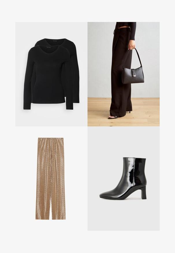Två svarta långärmade tröjor med V-ringning, tillverkade av mjukt, stretchy tyg, som visar en slät textur och en figursydd form.; Ljusbruna plisserade byxor i glänsande material, med ett strukturerat zigzag-mönster och ett elastiskt midjeband för komfort.; Svart lackläder ankelboot med spetsig tå och en medelhög klack. Slät textur och minimalistisk design.; Svart handväska med strukturerad form, slät yta och metallspänne. Matchad med vida svarta byxor och sandaler med öppen tå på trägolv.