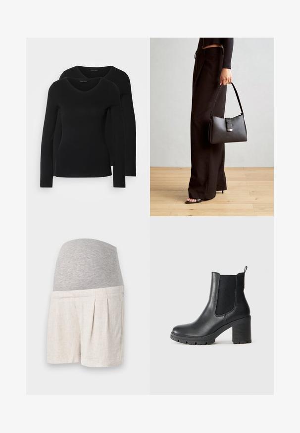 Dvě černé dlouhé rukávy trička s výstřihem do V, vyrobené z měkkého, elastického materiálu, s hladkou texturou a přiléhavým střihem.; Těhotenské šortky z lehkého béžového lnu, s šedým elastickým pasem a detailem sklady pro pohodlí a flexibilitu.; Černá kožená kotníková obuv s elastickými bočními panely, masivní gumovou podrážkou a vysokým blokovým podpatkem. Obsahuje poutko na zadní straně.; Černá kabelka se strukturovaným tvarem, hladkým povrchem a kovovým uzávěrem. Kombinována s širokými černými kalhotami a sandály s otevřenou špičkou na dřevěné podlaze.