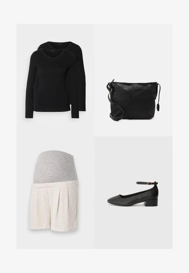Twee zwarte longsleeve shirts met een V-hals ontwerp, gemaakt van zachte, rekbare stof, die een gladde textuur en een getailleerde vorm laten zien.; Zwangere shorts van lichtbeige linnen stof, voorzien van een grijze elastische tailleband en plooidetails voor comfort en flexibiliteit.; Zwarte leren pump met een spitse neus en een lage blokhak. Beschikt over een enkelband met een goudkleurige gespsluiting. Gladde textuur.; Zwarte leren schoudertas met een platte vorm, gouden hardware-accenten en een verstelbare schouderband. Gladde textuur met minimale stikdetails.