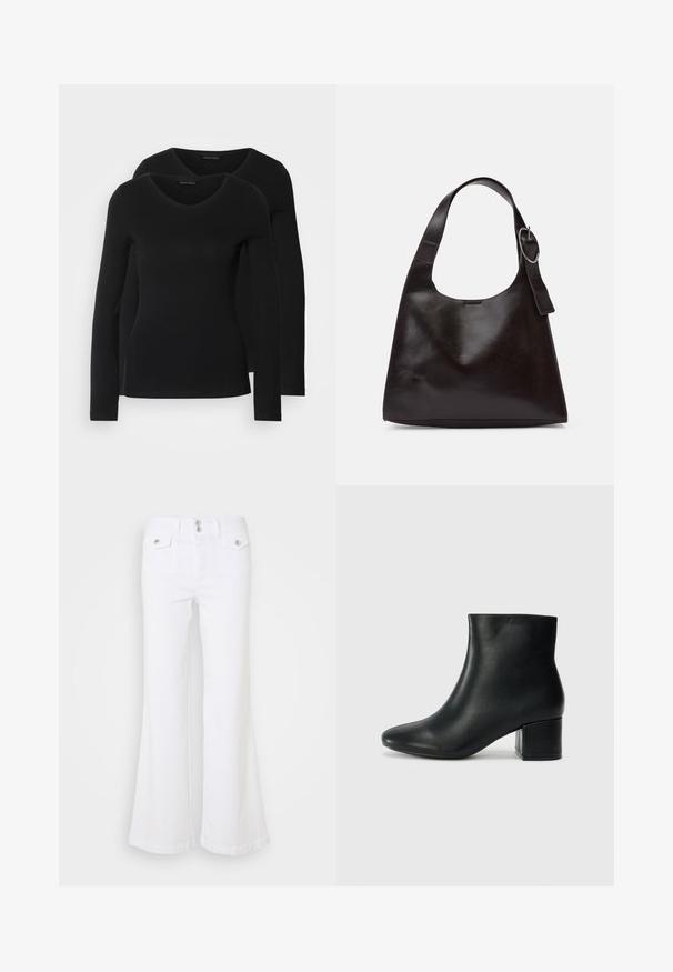 Dvoje čiernych košieľ s dlhým rukávom a výstrihom do V, vyrobených z mäkkej a elastickej látky, s jemnou textúrou a priliehavým strihom.; Biele rozšírené džínsy vyrobené z denimu, s vysokým pásom, dvoma prednými vreckami a striebornými gombíkovými detailmi na jednoduchom pozadí.; Čierne kožené členkové čižmy s špicatou špičkou a hrubým podpätkom. Hladká textúra s minimálnymi akcentmi a elegantným, priliehavým dizajnom.; Hnedá kožená taška cez rameno s hladkým povrchom, zaobleným tvarom, širokým popruhom a kruhovým kovovým akcentom na rúčke.