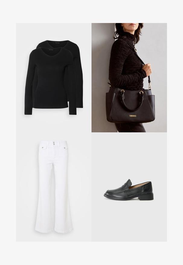 Du į juodas ilgomis rankovėmis marškiniai su V formos iškirpte, pagaminti iš minkštos, tamprios medžiagos, rodantys lygią tekstūrą ir prigludusią formą.; Balti platūs džinsai, pagaminti iš džinsinio audinio, su aukštu liemeniu, dviem priekiniais kišenėmis ir sidabriniais mygtukais ant vienalytės fono.; Juodos odinės mokasinai su žemu kulnu, su siuvinėtu dizainu ir be užsegimo stiliumi, išdėstyti ant vientiso balto fono.; Juodas rankinės maišelis su struktūrizuota paviršiumi, dvigubais viršutiniais rankenėlėmis ir reguliuojamu peties diržu. Įrengtas aukso spalvos furnitūra ir šoninės kišenės.