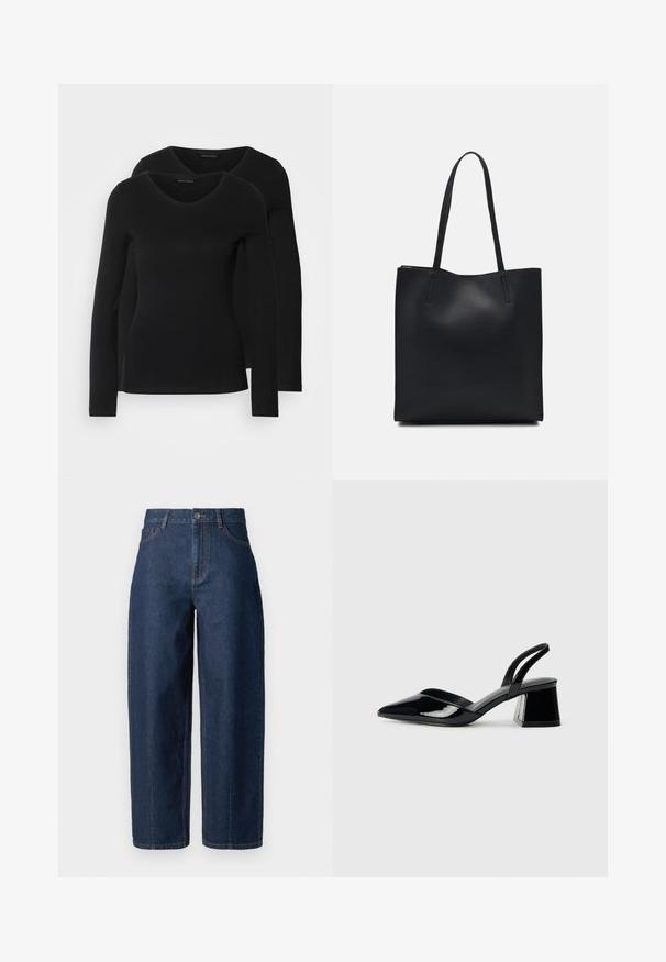 Dwie czarne koszule z długim rękawem o designie w kształcie litery V, wykonane z miękkiego, elastycznego materiału, o gładkiej teksturze i dopasowanym kroju.; Ciemnoniebieskie, wysokiej talii dżinsy o prostych nogawkach, zapinane na guzik, z szlufkami na pasek oraz kieszeniami z przodu i z tyłu, na białym tle.; Czarne lakierowane półbuty na obcasie z wydłużonym noskiem i geometrycznym słupkiem. Charakteryzują się eleganckim, minimalistycznym designem oraz gładką fakturą.; Czarna skórzana torba tote o gładkiej fakturze, prostokątnym kształcie i dwóch długich uchwytach. Brak widocznych elementów metalowych i ozdób.