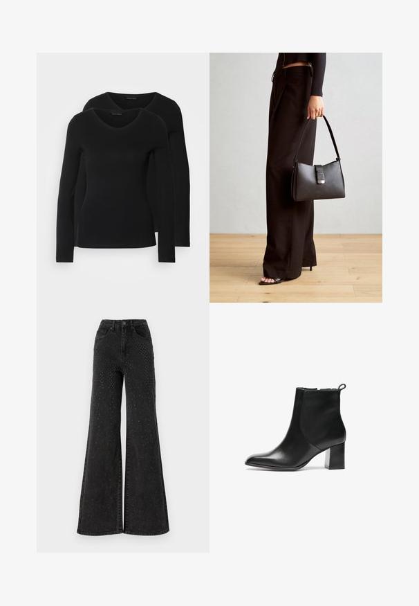 Kaks musta pika varrukaga särk, millel on V-kaelus ja mis on valmistatud pehmest ja venivast kangast, millel on sile tekstuur ja sobiv kuju.; Mustmustest mustad laiade jalad kõrge vöökoht, mis on kaunistatud väikeste rhinestone'idega esikoti piirkonnas, pakkudes klassikalist viie taskuga disaini.; Mustmust musta kingad ümarate varvastega, keskmise kõrgusega blokk-kontsa ja tagaküljel tõmbetoru. Sile tekstuur, minimaalne disain.; Must musta kott, millel on struktureeritud kuju, sile tekstuur ja metallist klamber. Kombineeritud laiate mustade pükstega ja avatud varvaste sandaalidega puidust põrandal.