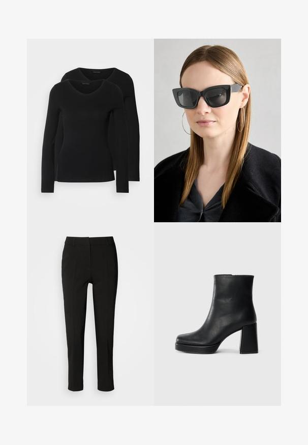 To svarte langermede skjorter med V-halsdesign, laget av mykt, elastisk stoff, viser jevn tekstur og en tettsittende fasong.; Sorte skreddersydde bukser med smal passform, flat front og ingen synlige lommer, med en glatt tekstur og en ren finish ved kanten.; Sorte skinnankelsko med blokkhæl og plattformsåle, sett fra siden på en enkel hvit bakgrunn.; Sorte katteøyne solbriller med mørke linser, tykke rammer og subtile detaljer. Båret med en svart frakk og grå topp, med langt, rett hår.