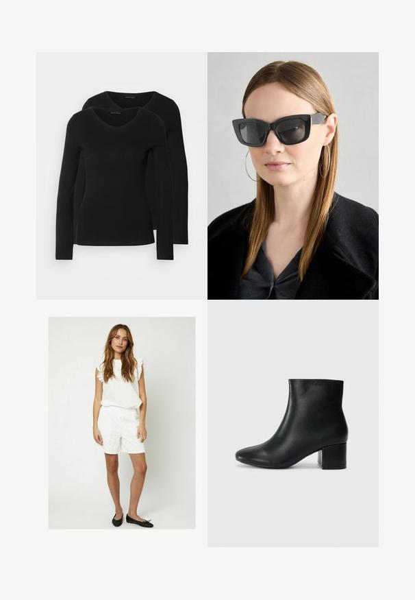 Kaks musta pika varrukaga särk, millel on V-kaelus ja mis on valmistatud pehmest ja venivast kangast, millel on sile tekstuur ja sobiv kuju.; Moves PENSI - Lühikesed püksid - snow white; Mustad nahast pahkluu saapad terava varbaga ja jämeda kandaga. Sile tekstuur minimaalse aktsentidega ja stiilne, lihvitud disain.; Must musta prillid tumedate läätsedega, paksude raamidega ja tagasihoidlike aktsentidega. Kantud musta jope ja halli särkiga, pikki sirgeid juukseid kandes.