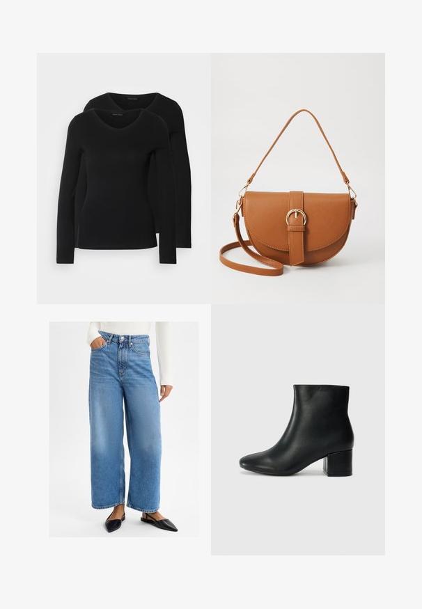 Twee zwarte longsleeve shirts met een V-hals ontwerp, gemaakt van zachte, rekbare stof, die een gladde textuur en een getailleerde vorm laten zien.; Lichtblauwe denim wijde jeans met een hoge taille, vijf zakken en metalen knoopsluiting. Soepele textuur en casual pasvorm.; Zwarte leren enkellaarzen met een spitse neus en een chunky hak. Gladde textuur met minimale accenten en een slank, strakk ontwerp.; Bruine leren schoudertas met een gebogen vorm, gouden hardware en een gespaccent. Bevat een afneembare schouderriem.